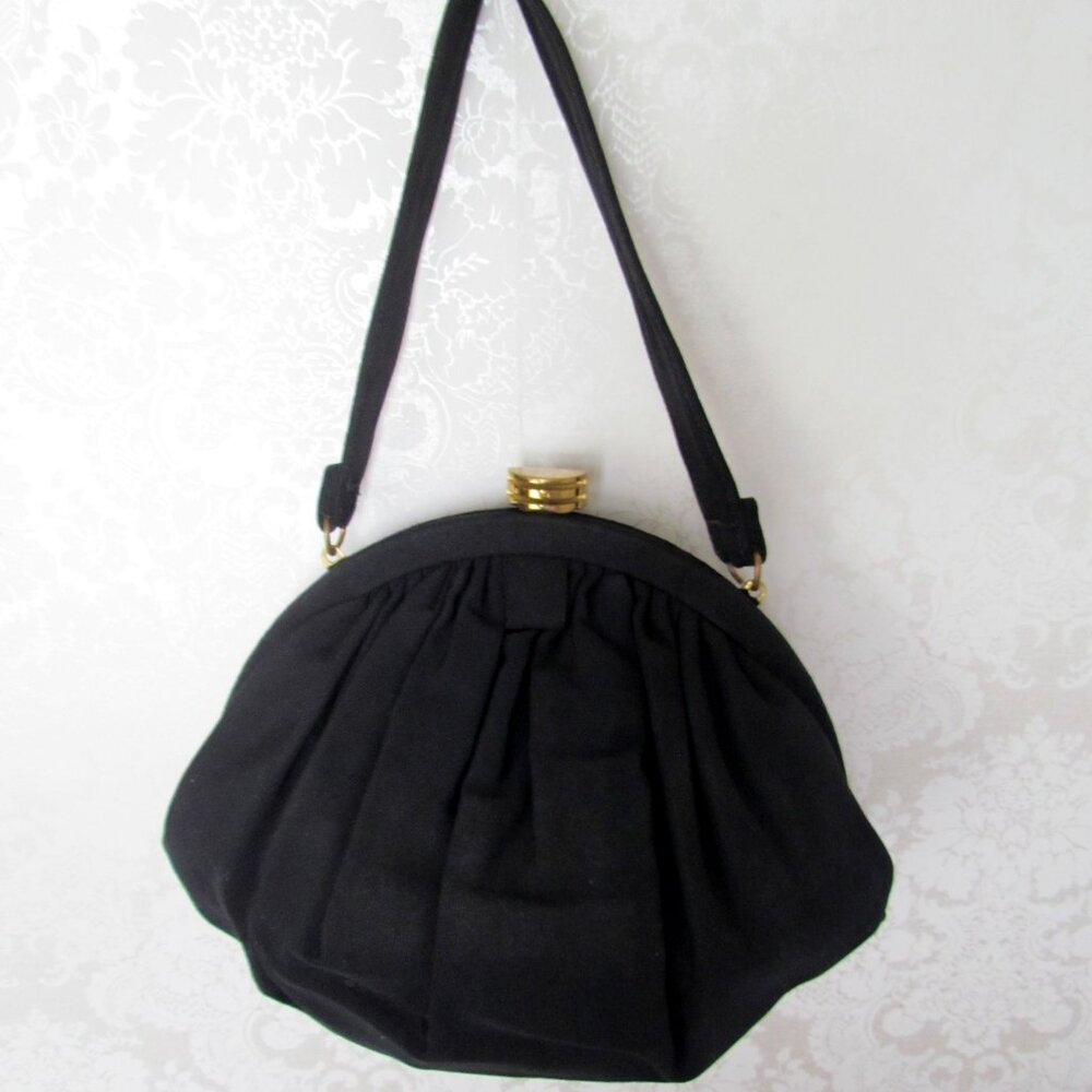 BLACK HANDBAG, VICTORIAN-1940s SNAP-SHUT ANTIQUE PUFF PURSE CHARMING COSTUME BAG